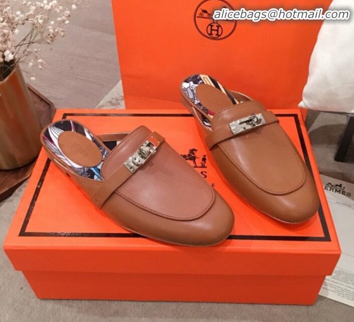 Good Taste Hermes Classic Kelly Calfskin Flat Mules H031307 Brown 2020