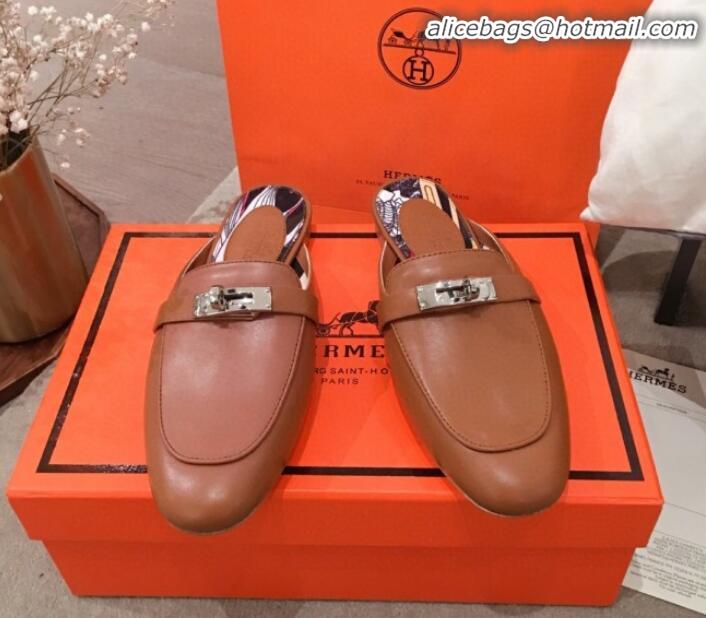 Good Taste Hermes Classic Kelly Calfskin Flat Mules H031307 Brown 2020