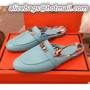 Luxurious Hermes Classic Kelly Calfskin Flat Mules H031307 Blue 2020