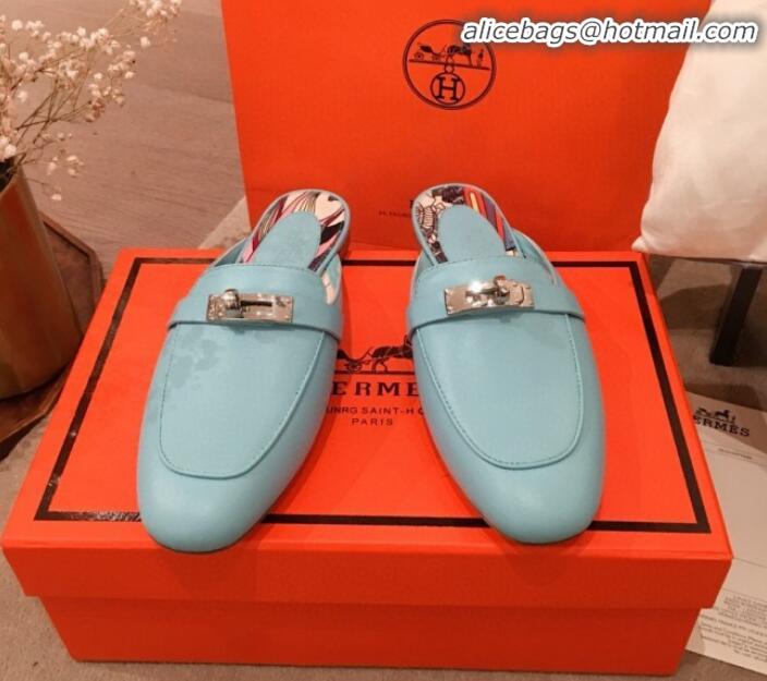 Luxurious Hermes Classic Kelly Calfskin Flat Mules H031307 Blue 2020