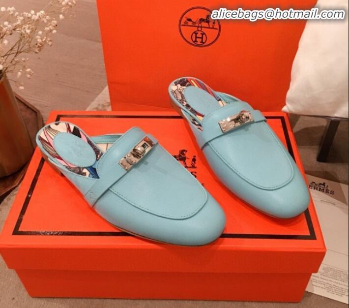 Luxurious Hermes Classic Kelly Calfskin Flat Mules H031307 Blue 2020