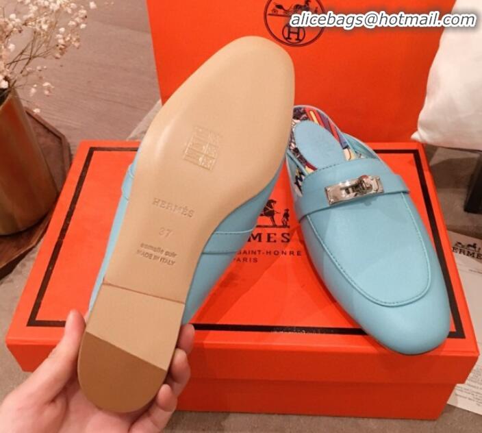 Luxurious Hermes Classic Kelly Calfskin Flat Mules H031307 Blue 2020