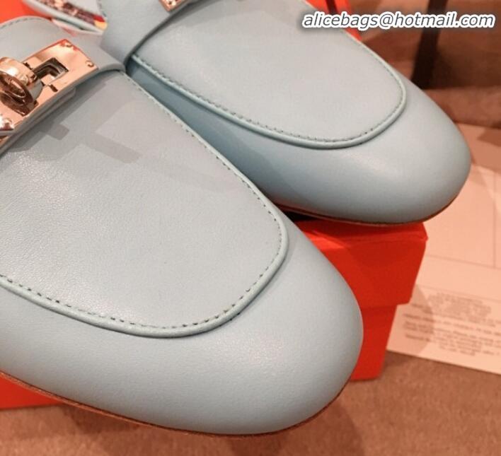 Luxurious Hermes Classic Kelly Calfskin Flat Mules H031307 Blue 2020