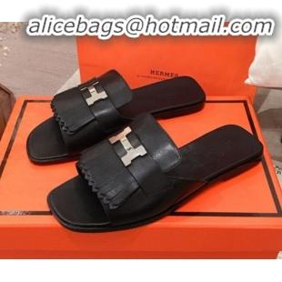 Newest Hermes Auteuil Calfskin Fringe Flat Slide Sandal H031407 Black 2020