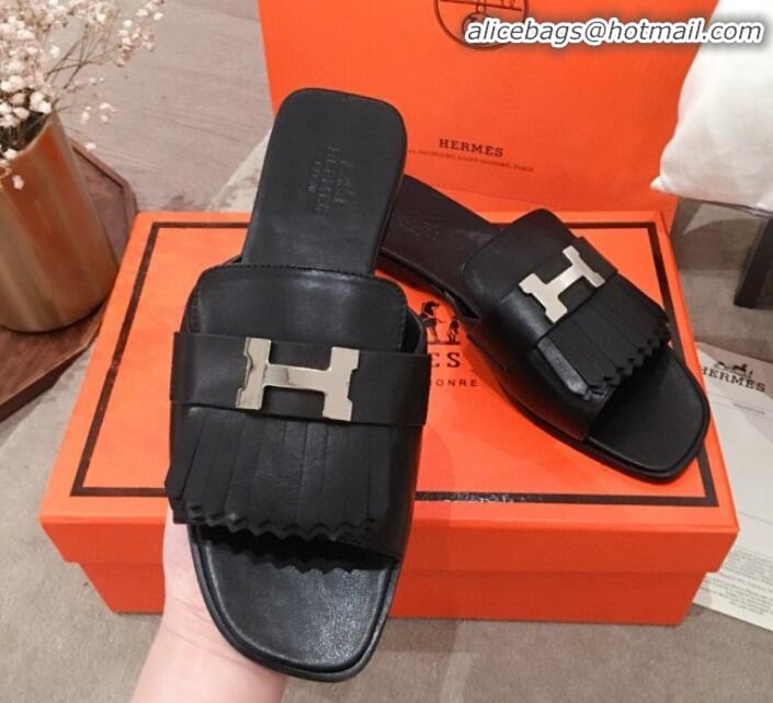 Newest Hermes Auteuil Calfskin Fringe Flat Slide Sandal H031407 Black 2020