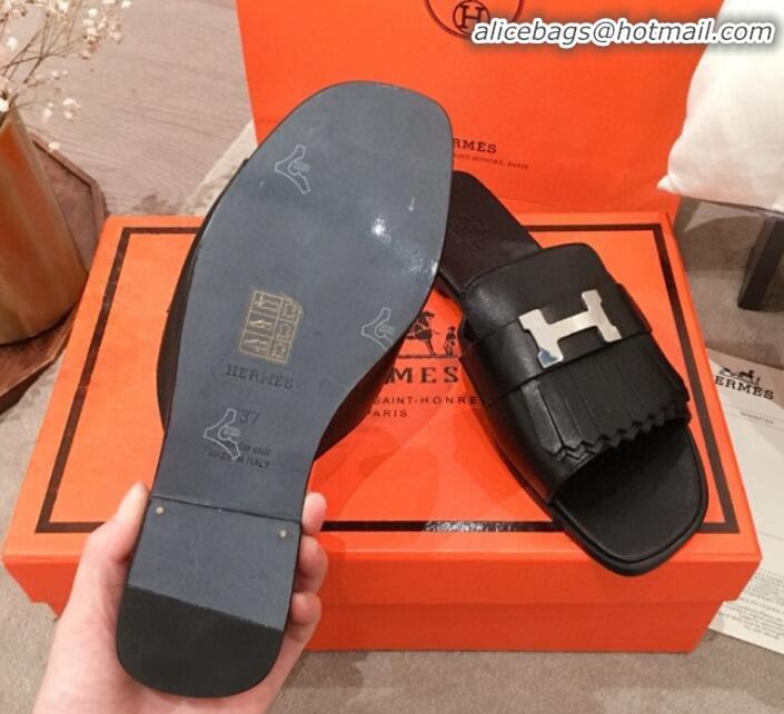 Newest Hermes Auteuil Calfskin Fringe Flat Slide Sandal H031407 Black 2020