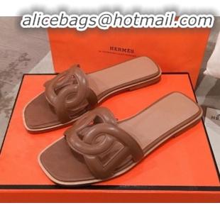 Fashion Hermes Aloha Calfskin Fringe Flat Slide Sandal H031409 Brown 2020