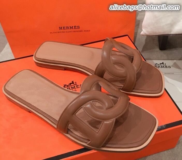 Fashion Hermes Aloha Calfskin Fringe Flat Slide Sandal H031409 Brown 2020