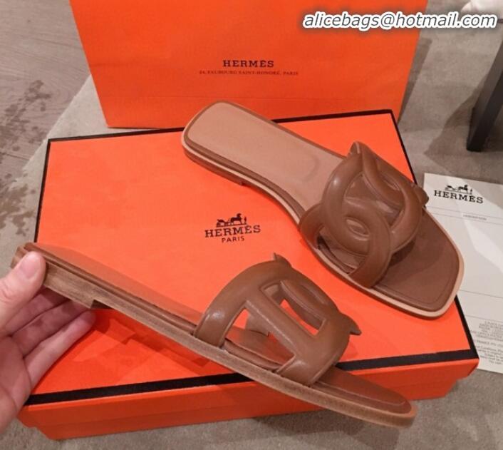 Fashion Hermes Aloha Calfskin Fringe Flat Slide Sandal H031409 Brown 2020