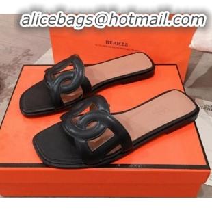 Top Quality Hermes Aloha Calfskin Fringe Flat Slide Sandal H031409 Black 2020