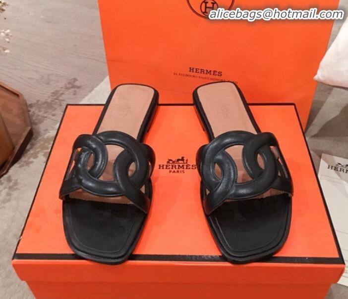 Top Quality Hermes Aloha Calfskin Fringe Flat Slide Sandal H031409 Black 2020