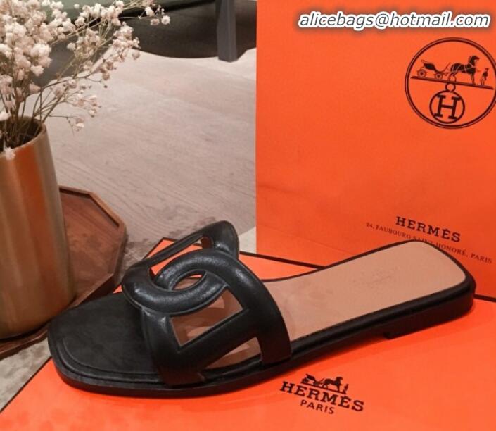 Top Quality Hermes Aloha Calfskin Fringe Flat Slide Sandal H031409 Black 2020