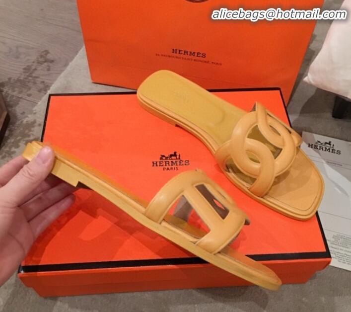 Best Price Hermes Aloha Calfskin Fringe Flat Slide Sandal H031409 Yellow 2020