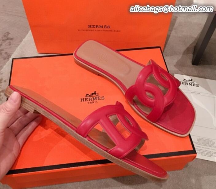 Good Quality Hermes Aloha Calfskin Fringe Flat Slide Sandal H031409 Red 2020