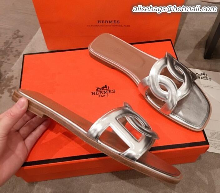 Well Crafted Hermes Aloha Calfskin Fringe Flat Slide Sandal H031409 Silver 2020