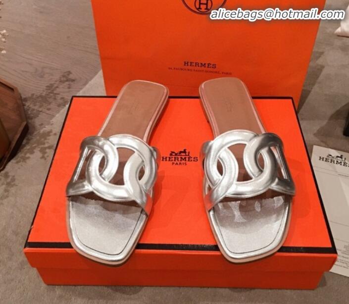 Well Crafted Hermes Aloha Calfskin Fringe Flat Slide Sandal H031409 Silver 2020