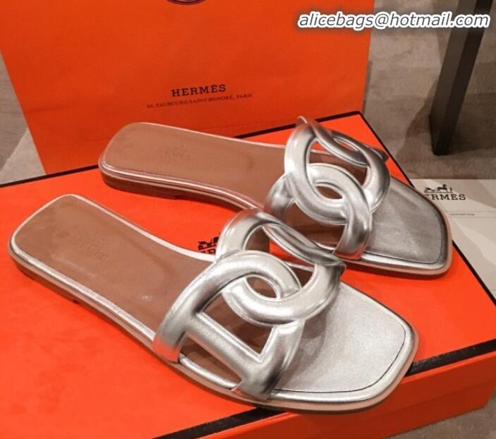 Well Crafted Hermes Aloha Calfskin Fringe Flat Slide Sandal H031409 Silver 2020