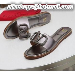 Best Price Valentino VLogo Calfskin Flat Slide Sandals V01051 Silver Grey