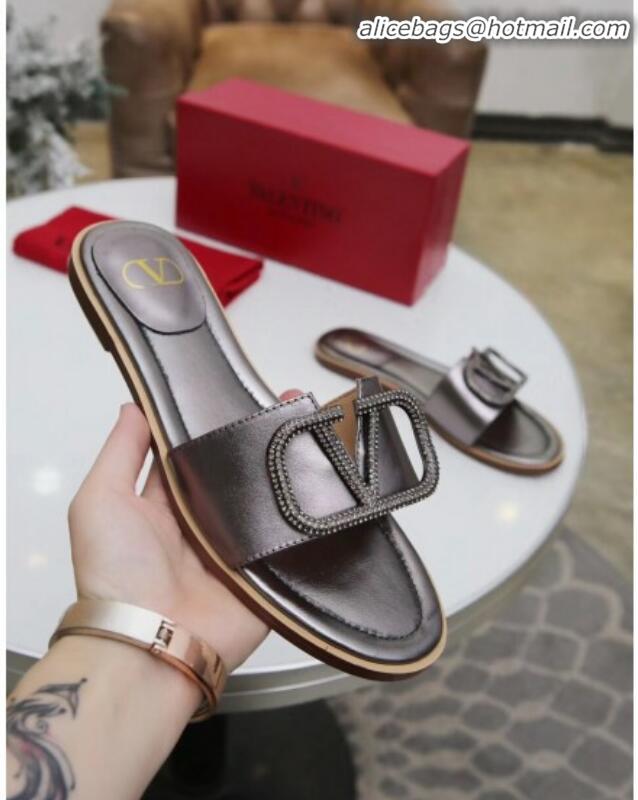 Best Price Valentino VLogo Calfskin Flat Slide Sandals V01051 Silver Grey