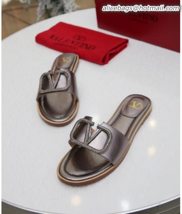 Best Price Valentino VLogo Calfskin Flat Slide Sandals V01051 Silver Grey