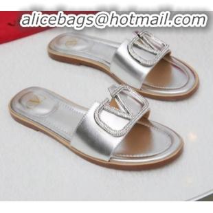 Classic Practical Valentino VLogo Calfskin Flat Slide Sandals V01051 Silver White