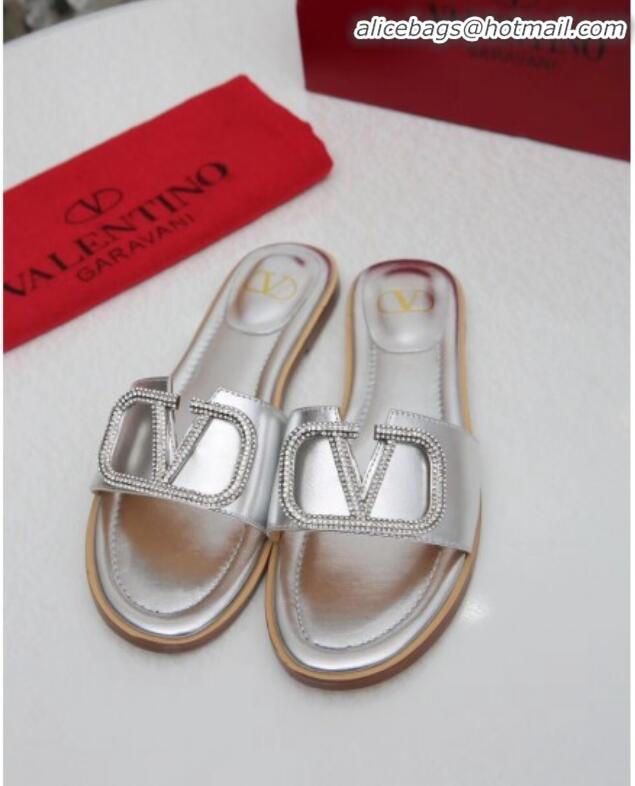 Classic Practical Valentino VLogo Calfskin Flat Slide Sandals V01051 Silver White