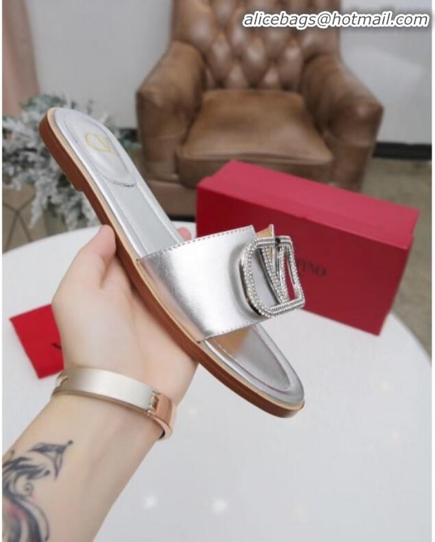 Classic Practical Valentino VLogo Calfskin Flat Slide Sandals V01051 Silver White