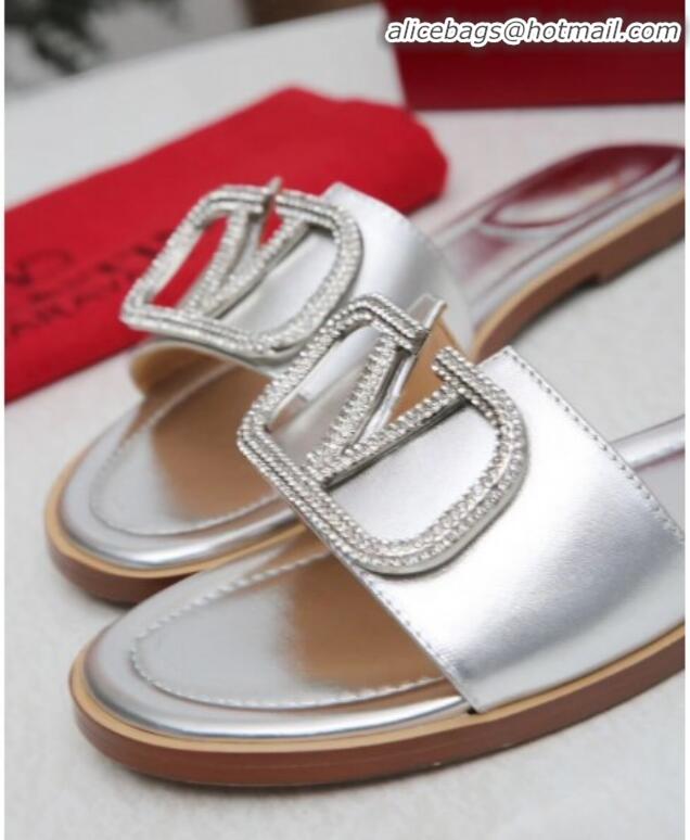 Classic Practical Valentino VLogo Calfskin Flat Slide Sandals V01051 Silver White