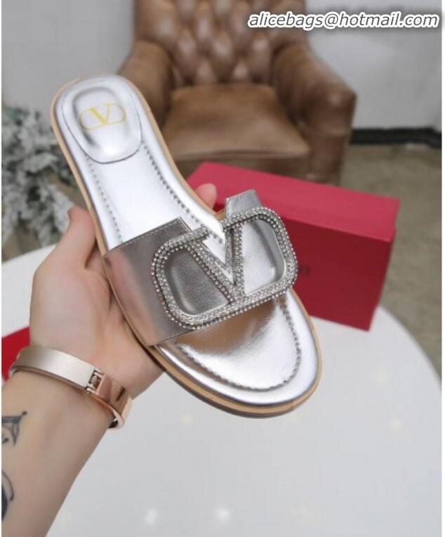 Classic Practical Valentino VLogo Calfskin Flat Slide Sandals V01051 Silver White