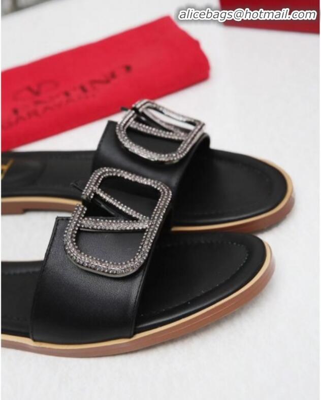 Classic Valentino VLogo Calfskin Flat Slide Sandals V01051 Black