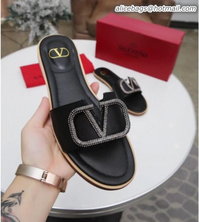 Classic Valentino VLogo Calfskin Flat Slide Sandals V01051 Black