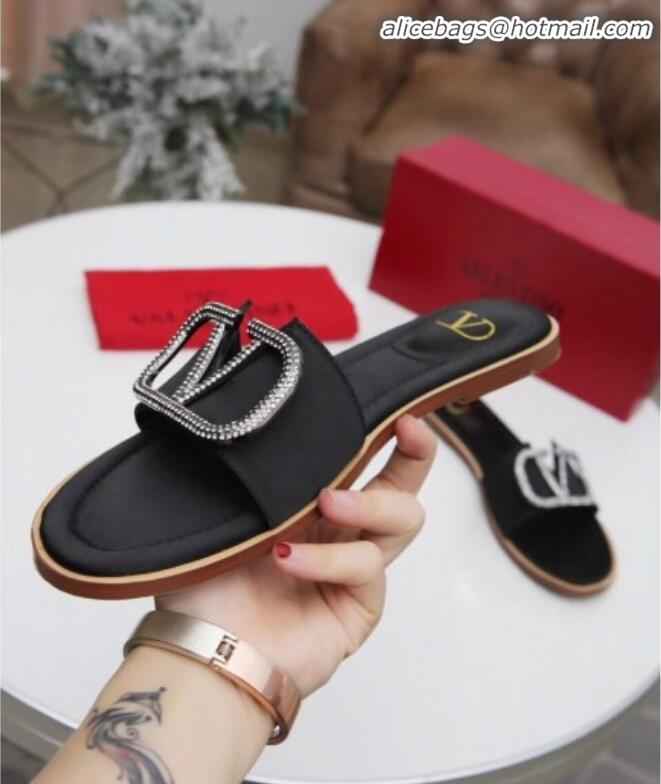 Affordable Price Valentino VLogo Silk Flat Slide Sandals V01054 Black