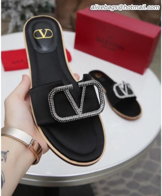 Affordable Price Valentino VLogo Silk Flat Slide Sandals V01054 Black