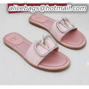 Best Design Valentino VLogo Silk Flat Slide Sandals V01054 Pink