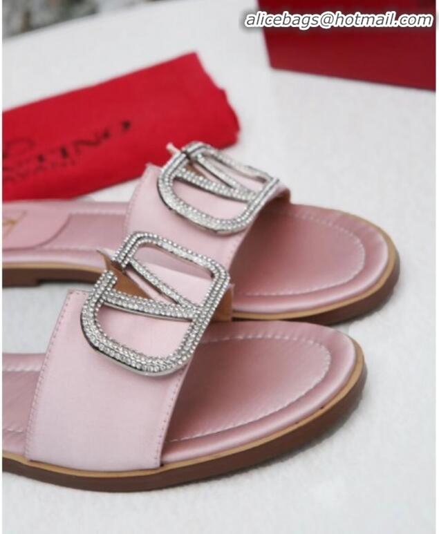 Best Design Valentino VLogo Silk Flat Slide Sandals V01054 Pink