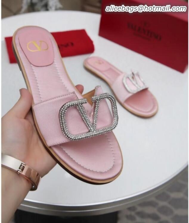 Best Design Valentino VLogo Silk Flat Slide Sandals V01054 Pink