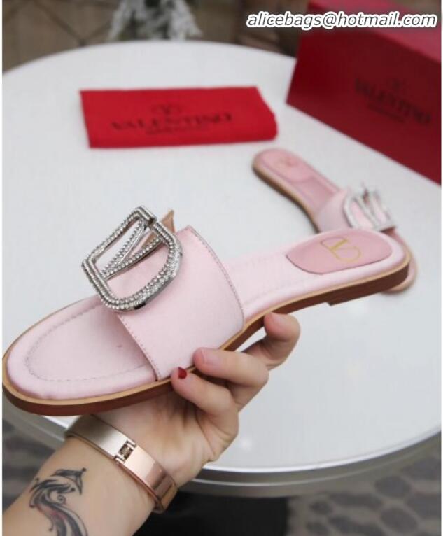 Best Design Valentino VLogo Silk Flat Slide Sandals V01054 Pink