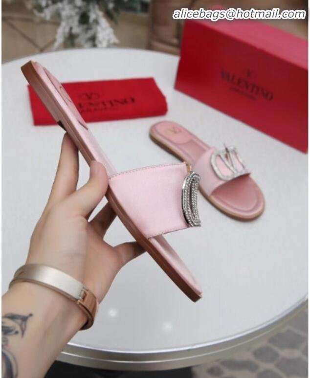 Best Design Valentino VLogo Silk Flat Slide Sandals V01054 Pink