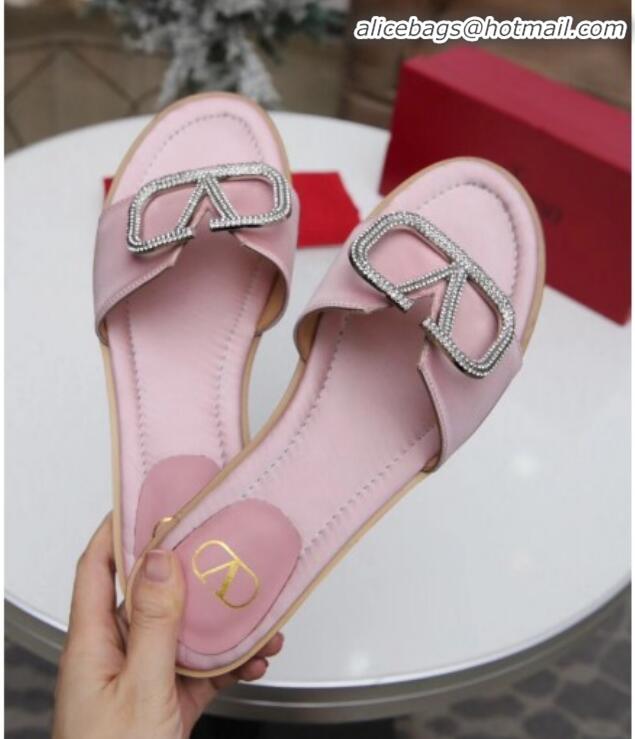 Best Design Valentino VLogo Silk Flat Slide Sandals V01054 Pink