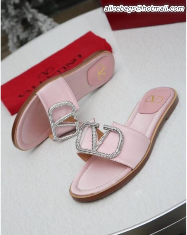 Best Design Valentino VLogo Silk Flat Slide Sandals V01054 Pink