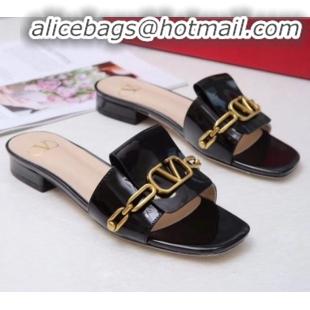 Grade Design Valentino Patent Leather Vlogo Chain Flat Slide Sandals V10116 Black 