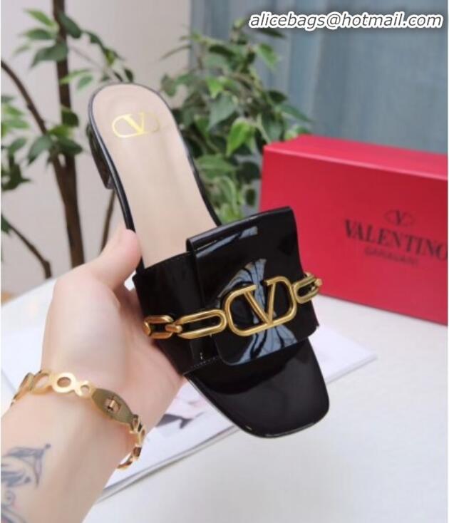 Grade Design Valentino Patent Leather Vlogo Chain Flat Slide Sandals V10116 Black 