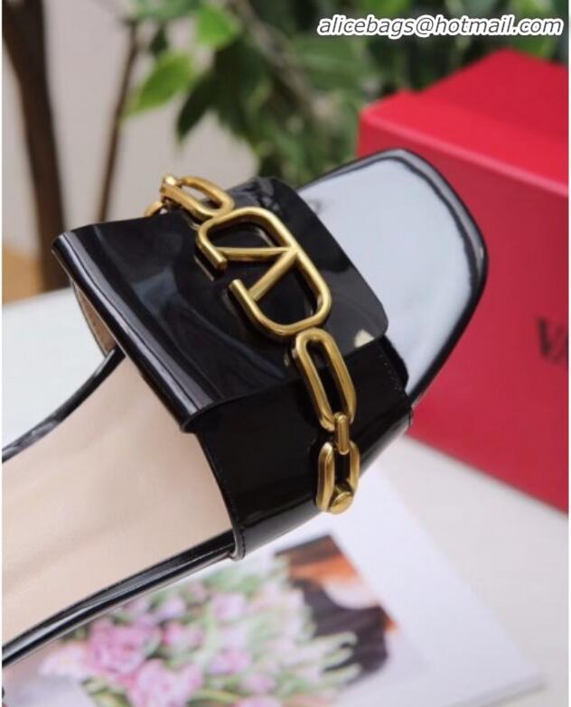 Grade Design Valentino Patent Leather Vlogo Chain Flat Slide Sandals V10116 Black 