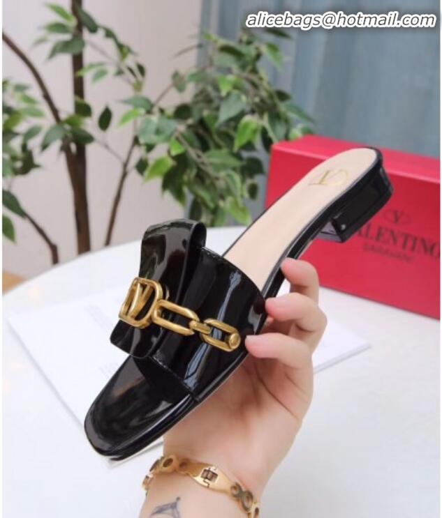 Grade Design Valentino Patent Leather Vlogo Chain Flat Slide Sandals V10116 Black 