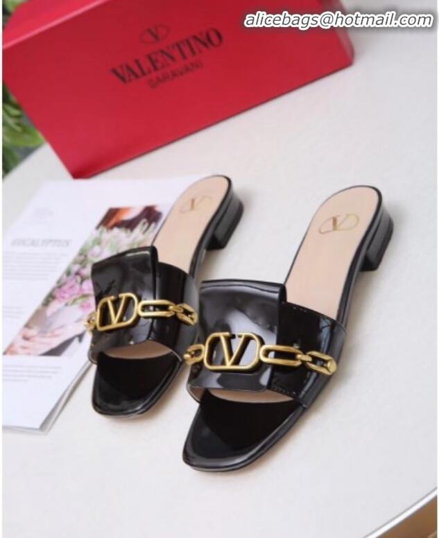 Grade Design Valentino Patent Leather Vlogo Chain Flat Slide Sandals V10116 Black 