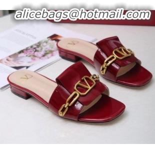 Low Price Valentino Patent Leather Vlogo Chain Flat Slide Sandals V10116 Burgundy