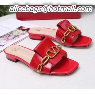 Discount Design Valentino Patent Leather Vlogo Chain Flat Slide Sandals V10116 Red