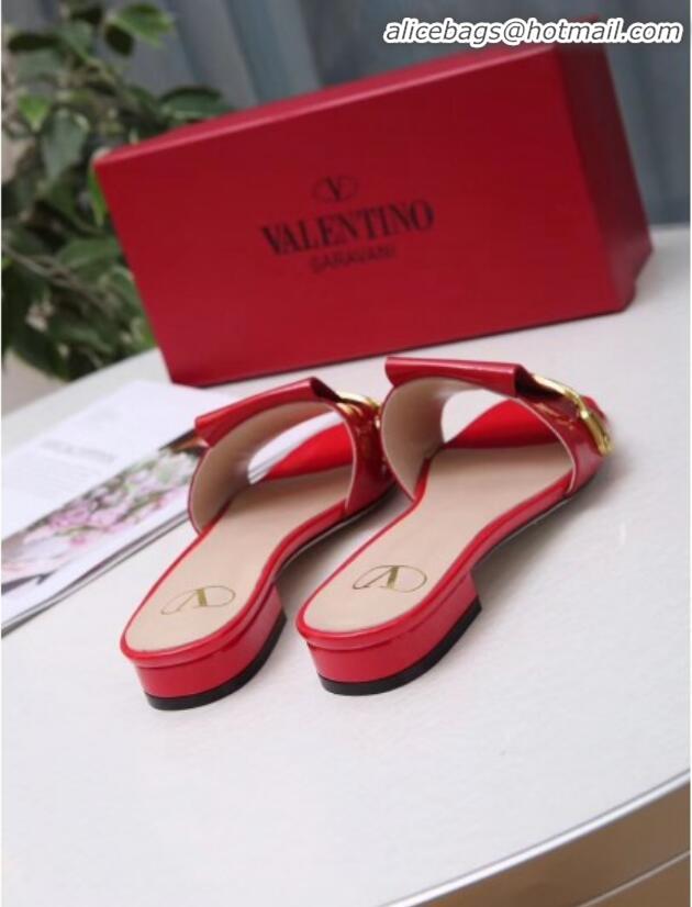 Discount Design Valentino Patent Leather Vlogo Chain Flat Slide Sandals V10116 Red