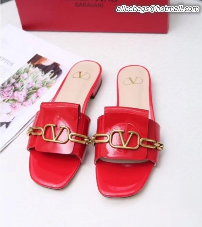 Discount Design Valentino Patent Leather Vlogo Chain Flat Slide Sandals V10116 Red