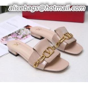 Top Design Valentino Patent Leather Vlogo Chain Flat Slide Sandals V10116 Apricot